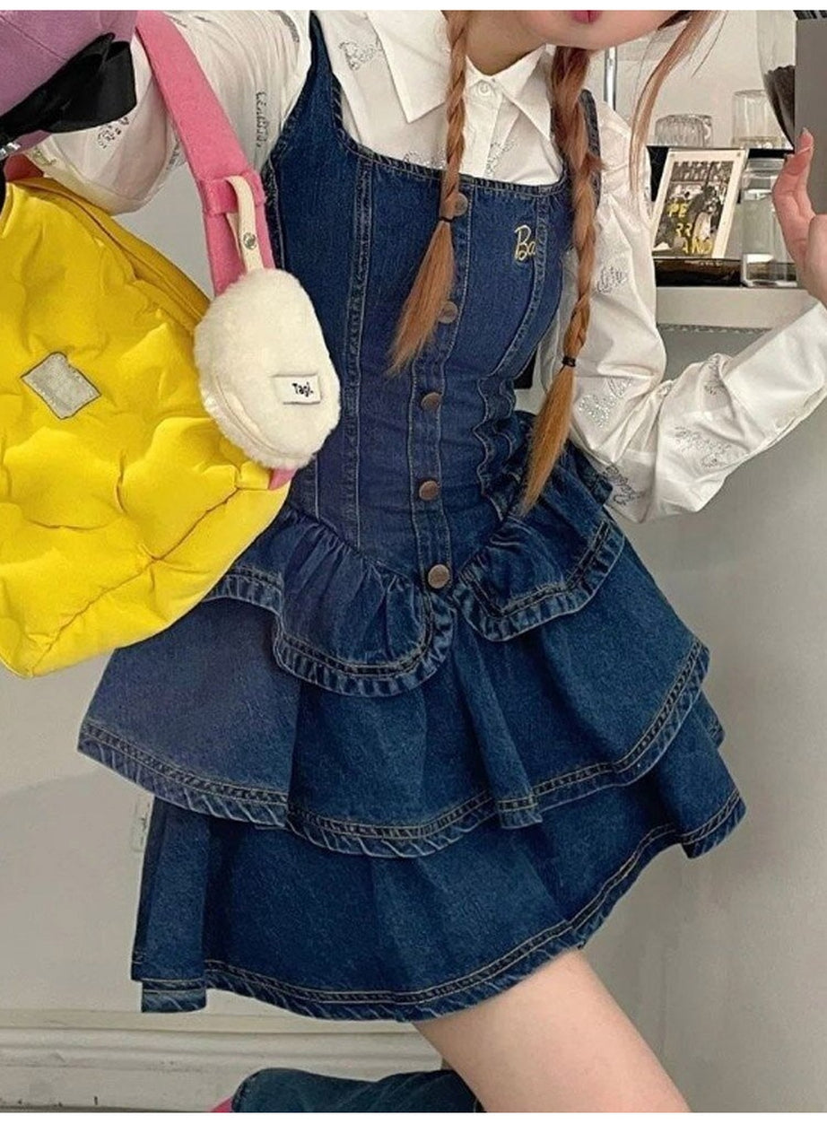 Y2k Cake Ruffle Mini Denim Dress