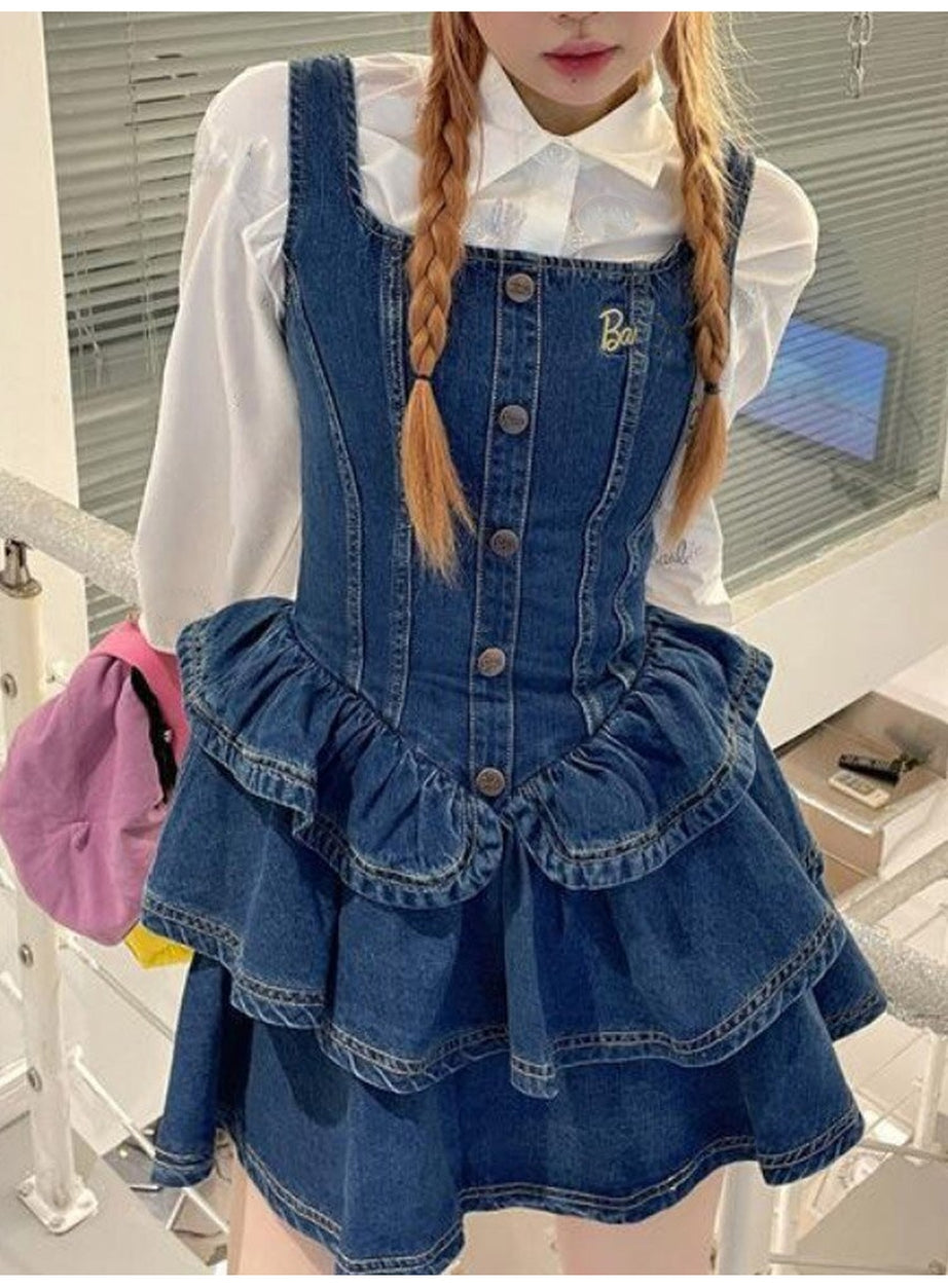 Y2k Cake Ruffle Mini Denim Dress