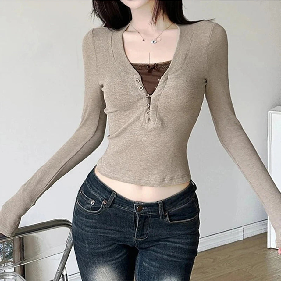 Y2k Cappuccino Chic Henley Crop Top