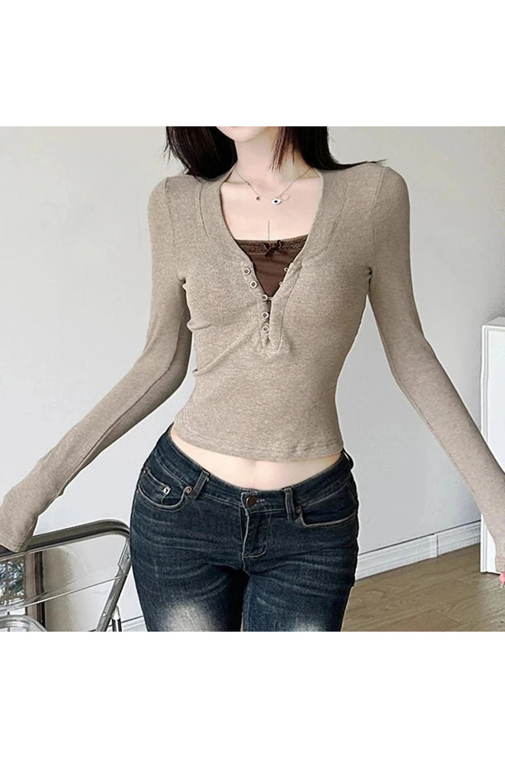 Y2k Cappuccino Chic Henley Crop Top