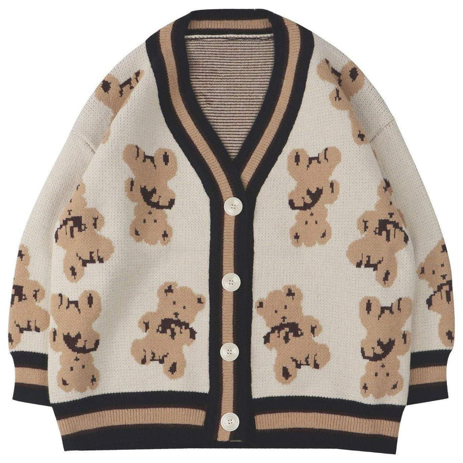 Cartoon Bear Print Knit Cardigan - Cardigans