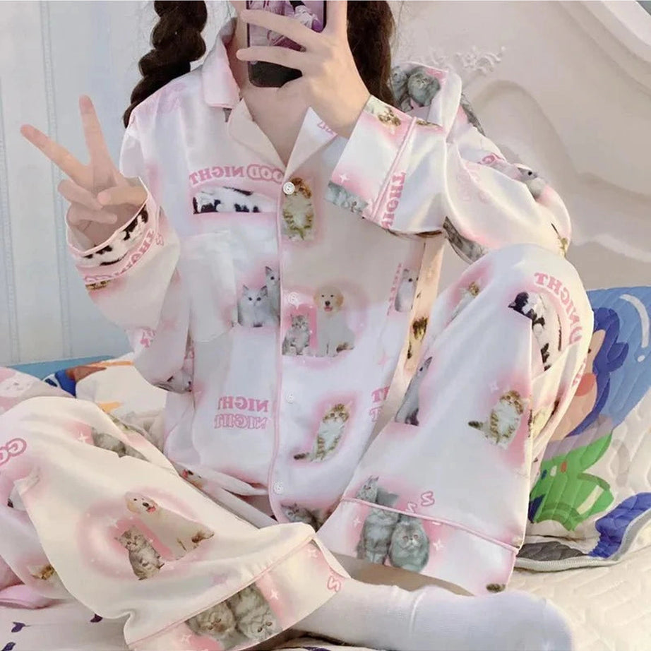 Y2k Cartoon Cat Pajama Set