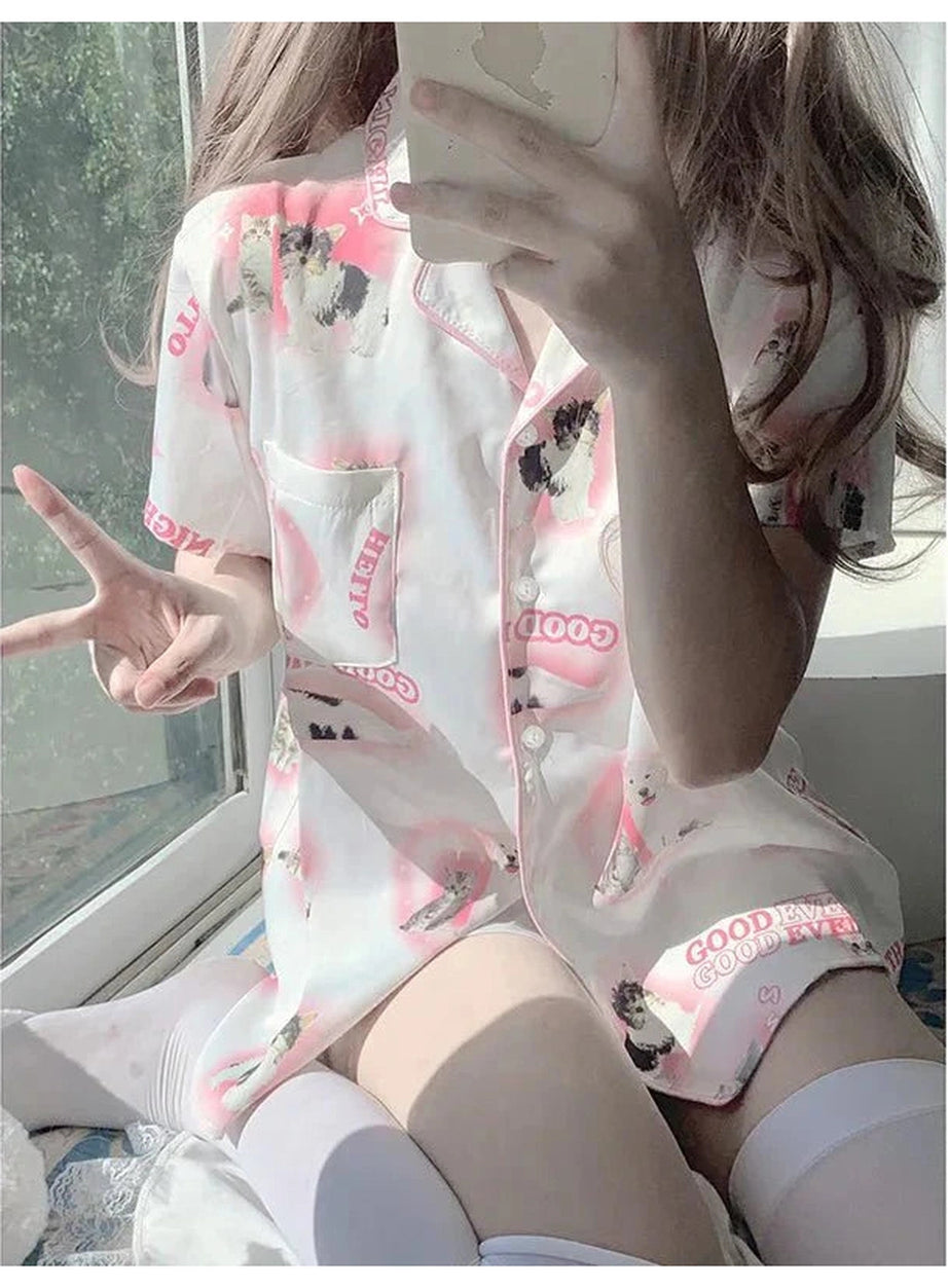 Y2k Cartoon Cat Pajama Set