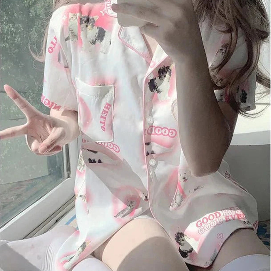 Y2k Cartoon Cat Pajama Set