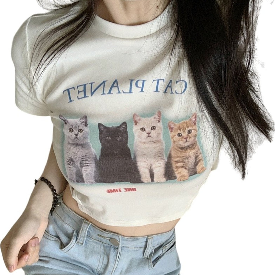 Y2k Cat Print Summer Crop Top