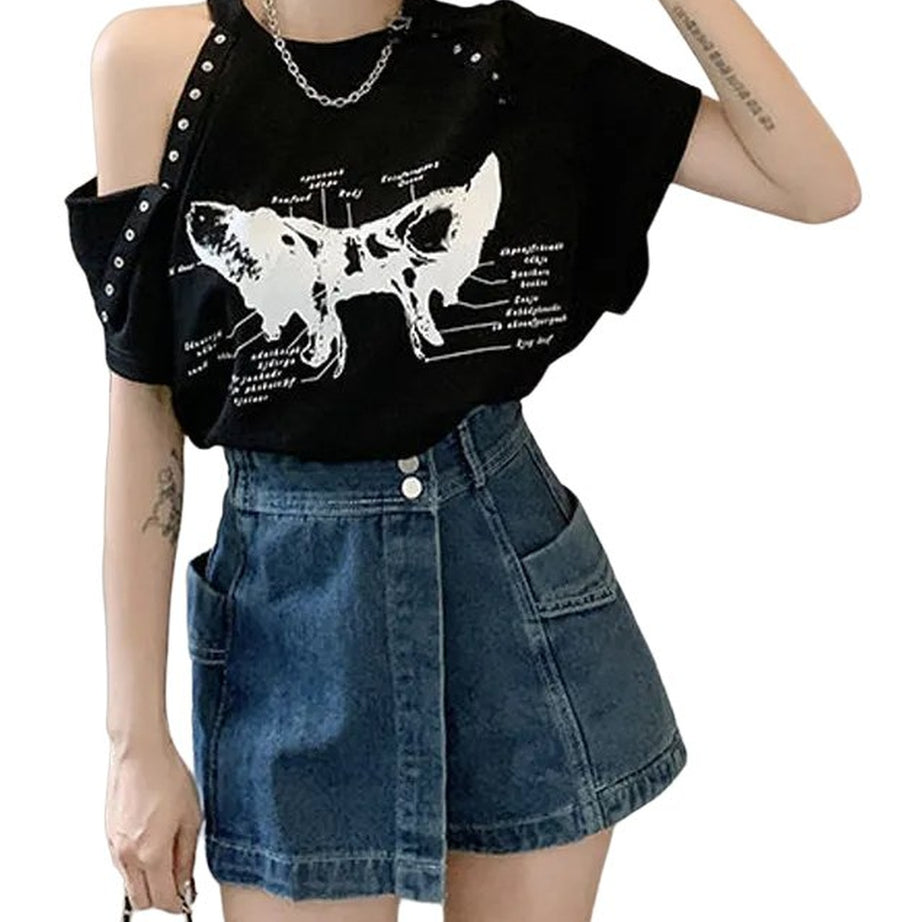 Y2k Chain Print Off-Shoulder T-Shirt