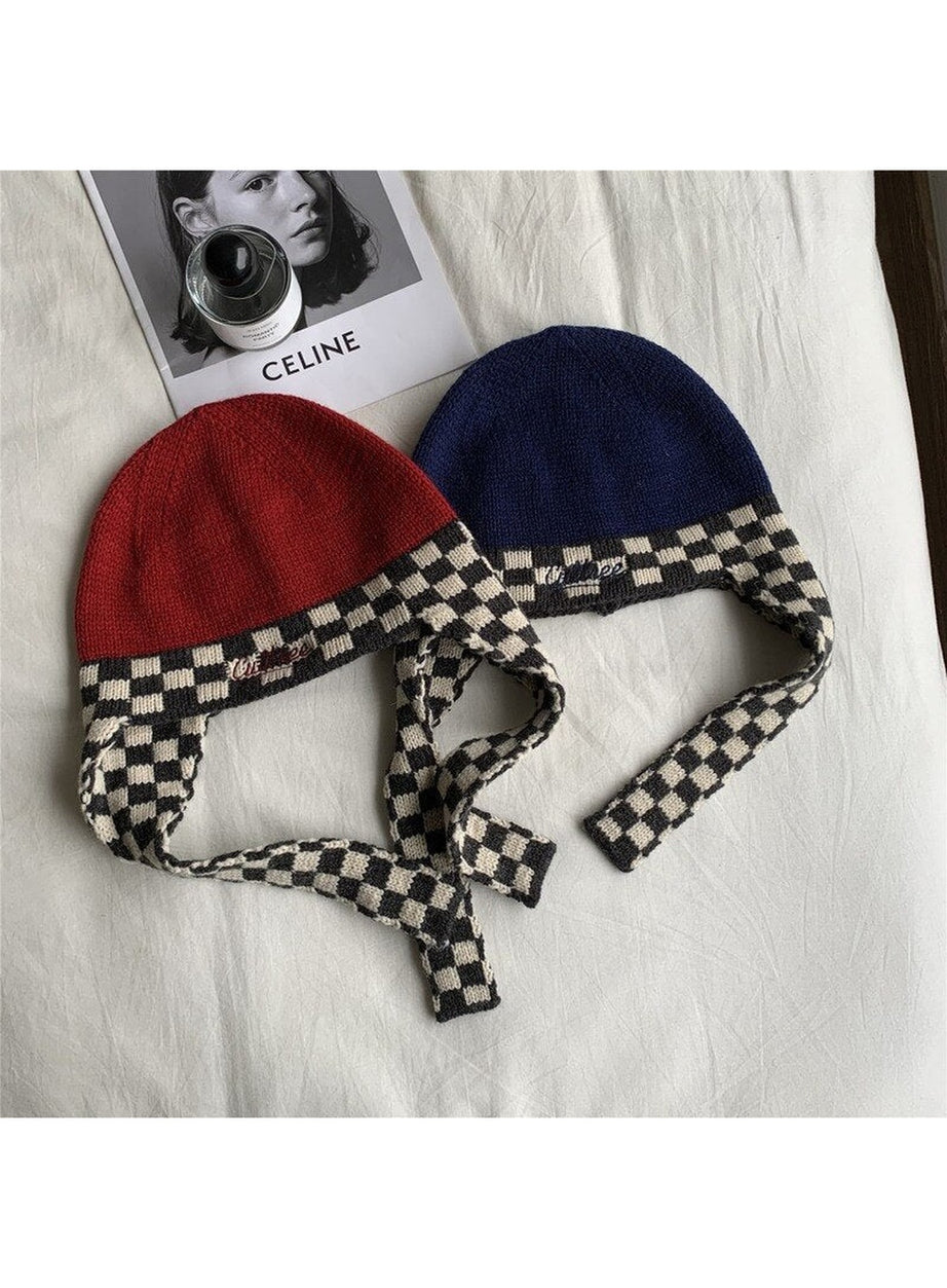 Y2k Checkerboard Lei Feng Ear Warmer Cap