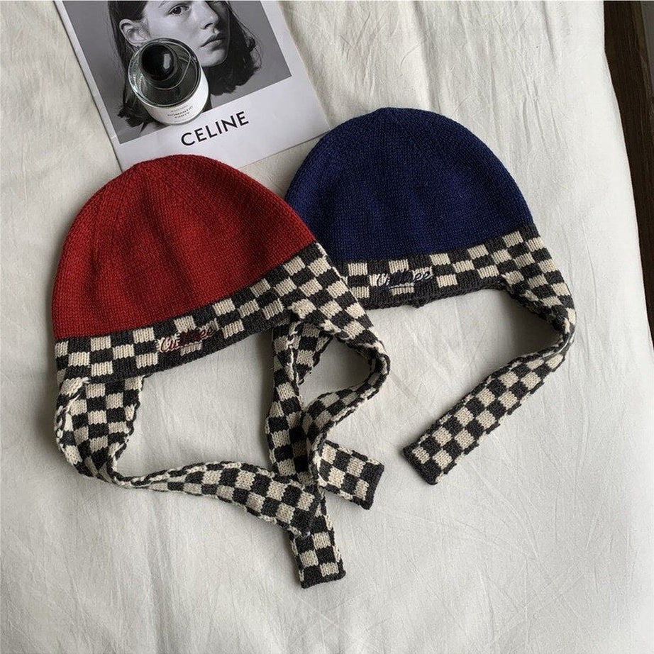 Y2k Checkerboard Lei Feng Ear Warmer Cap