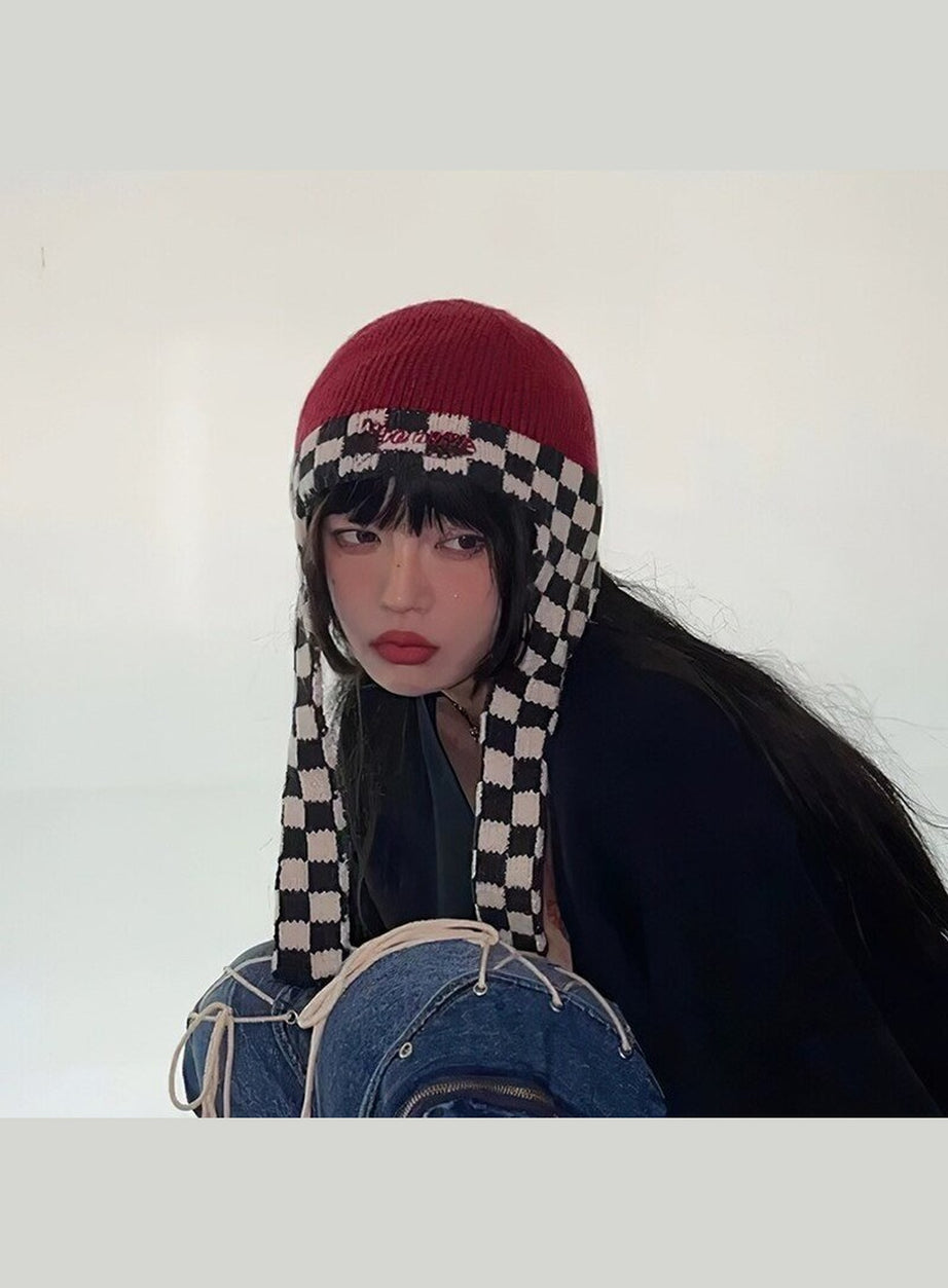 Y2k Checkerboard Lei Feng Ear Warmer Cap