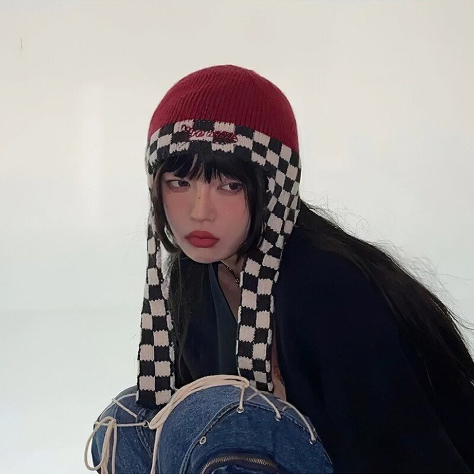 Y2k Checkerboard Lei Feng Ear Warmer Cap