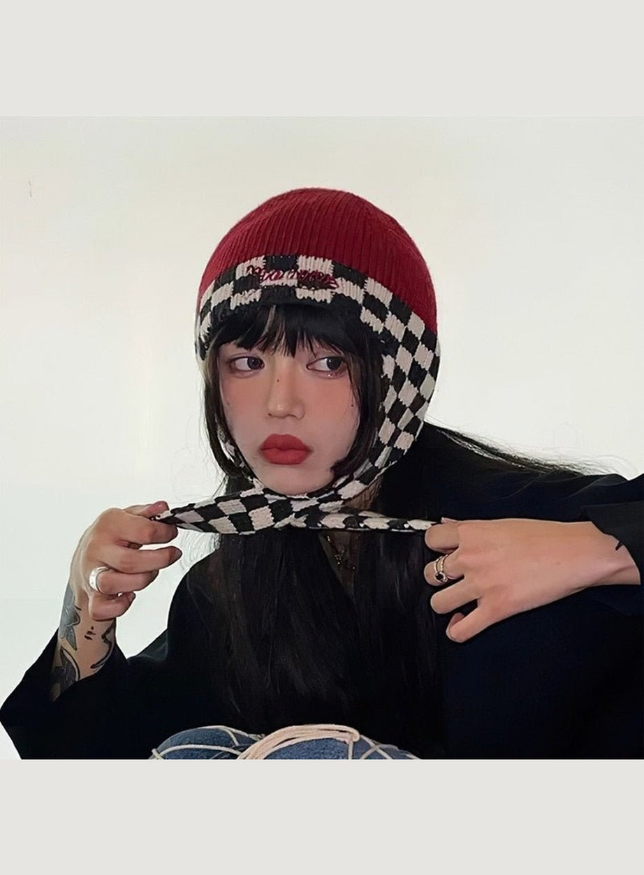 Y2k Checkerboard Lei Feng Ear Warmer Cap