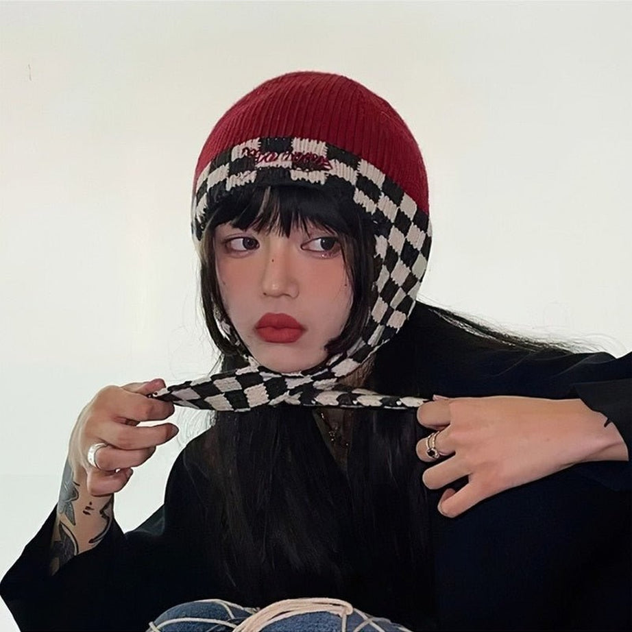 Y2k Checkerboard Lei Feng Ear Warmer Cap