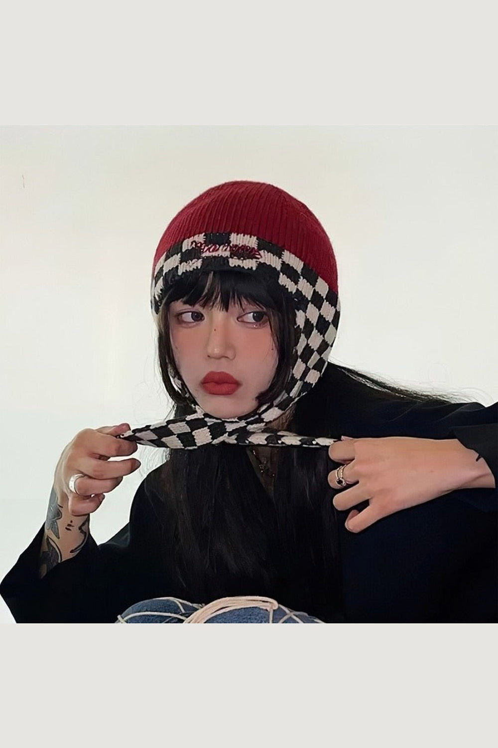 Y2k Checkerboard Lei Feng Ear Warmer Cap
