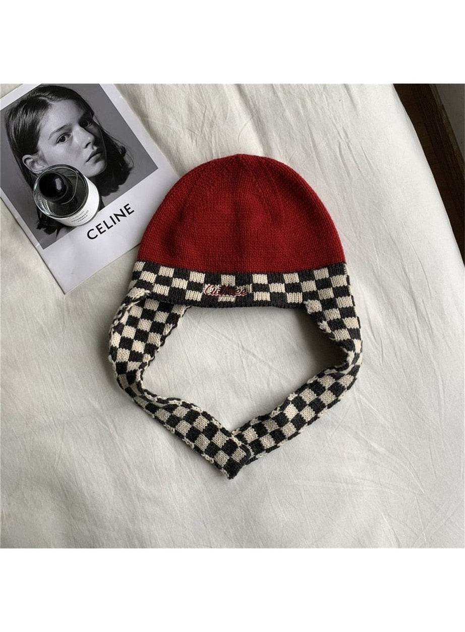 Y2k Checkerboard Lei Feng Ear Warmer Cap