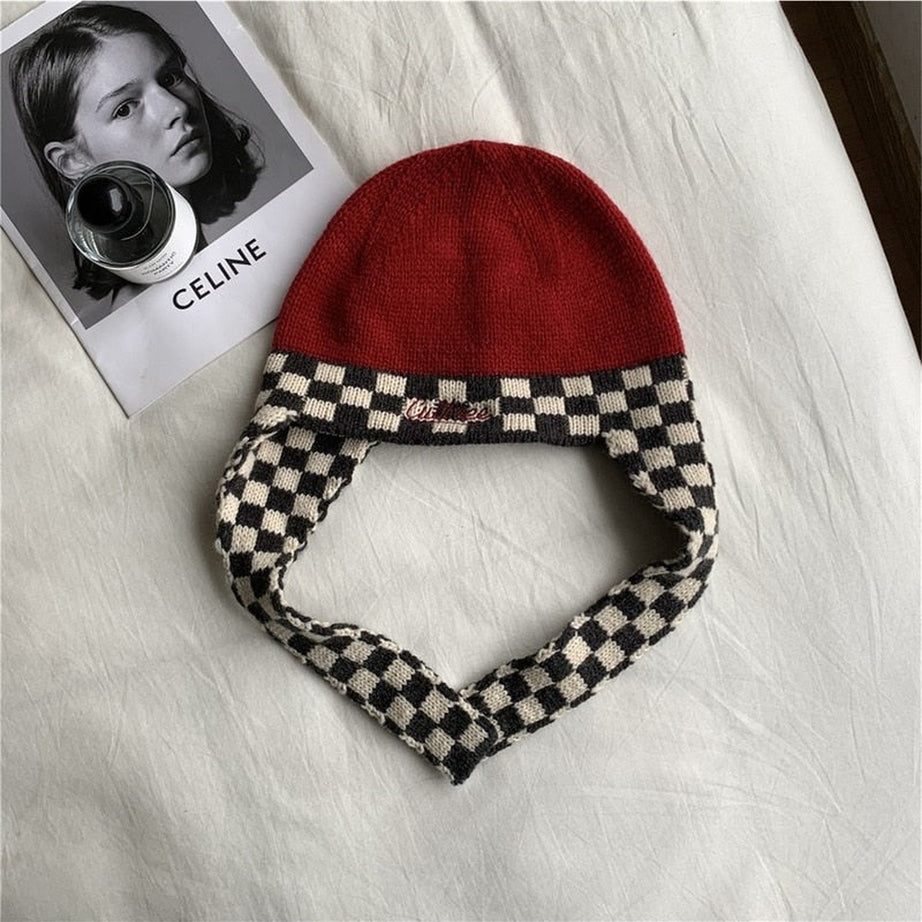 Y2k Checkerboard Lei Feng Ear Warmer Cap