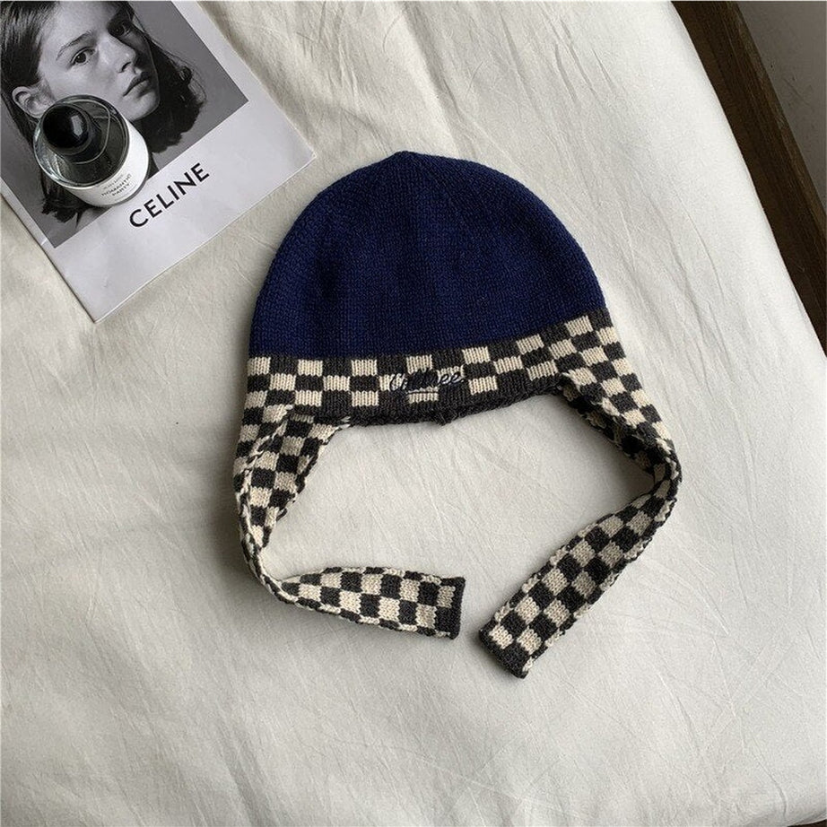 Y2k Checkerboard Lei Feng Ear Warmer Cap