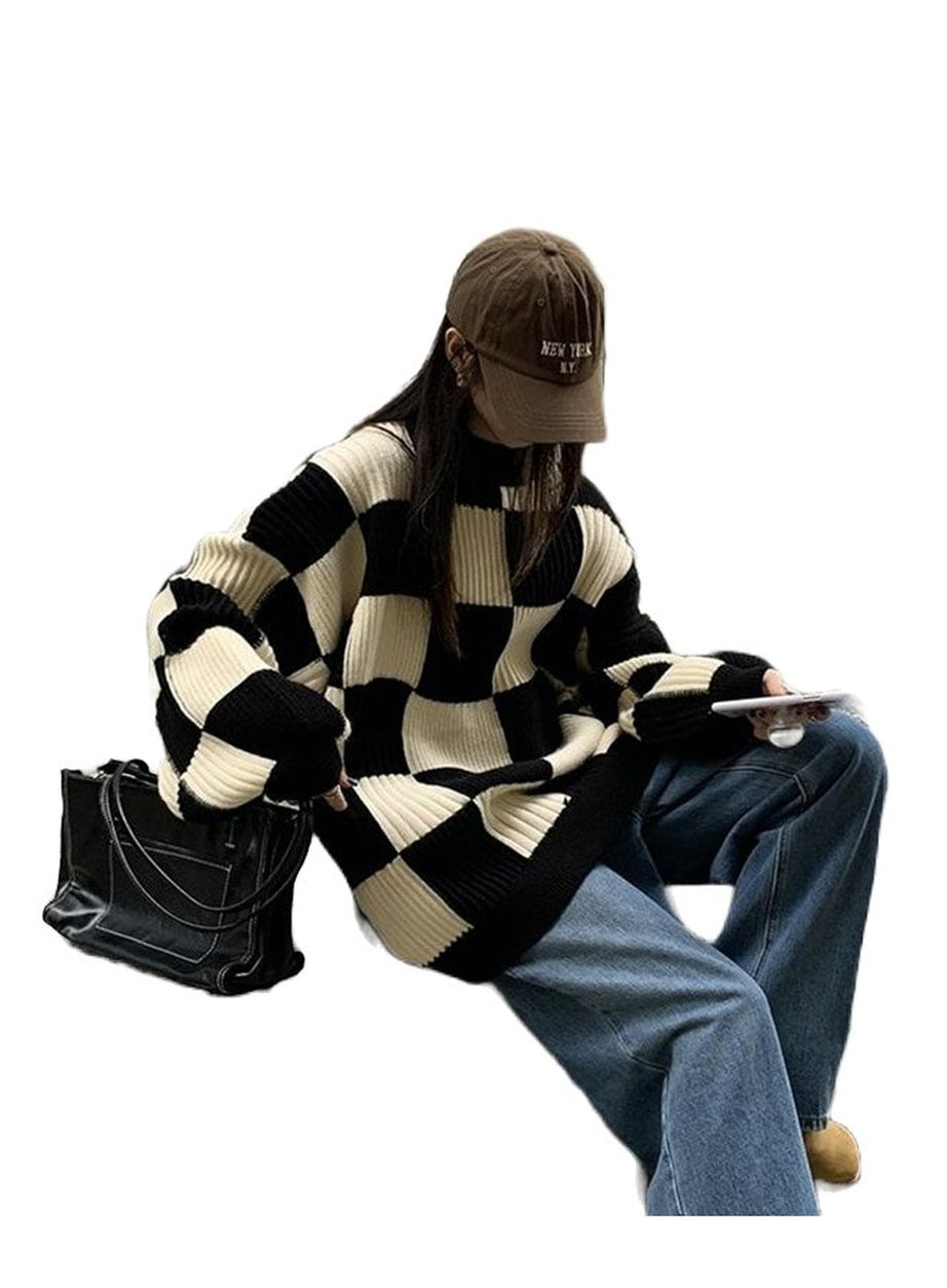 Y2k Checkerboard Oversize Sweater