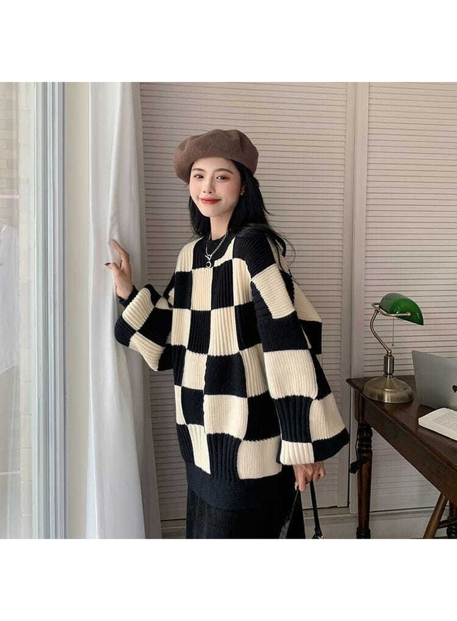 Y2k Checkerboard Oversize Sweater