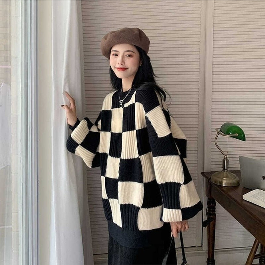 Y2k Checkerboard Oversize Sweater