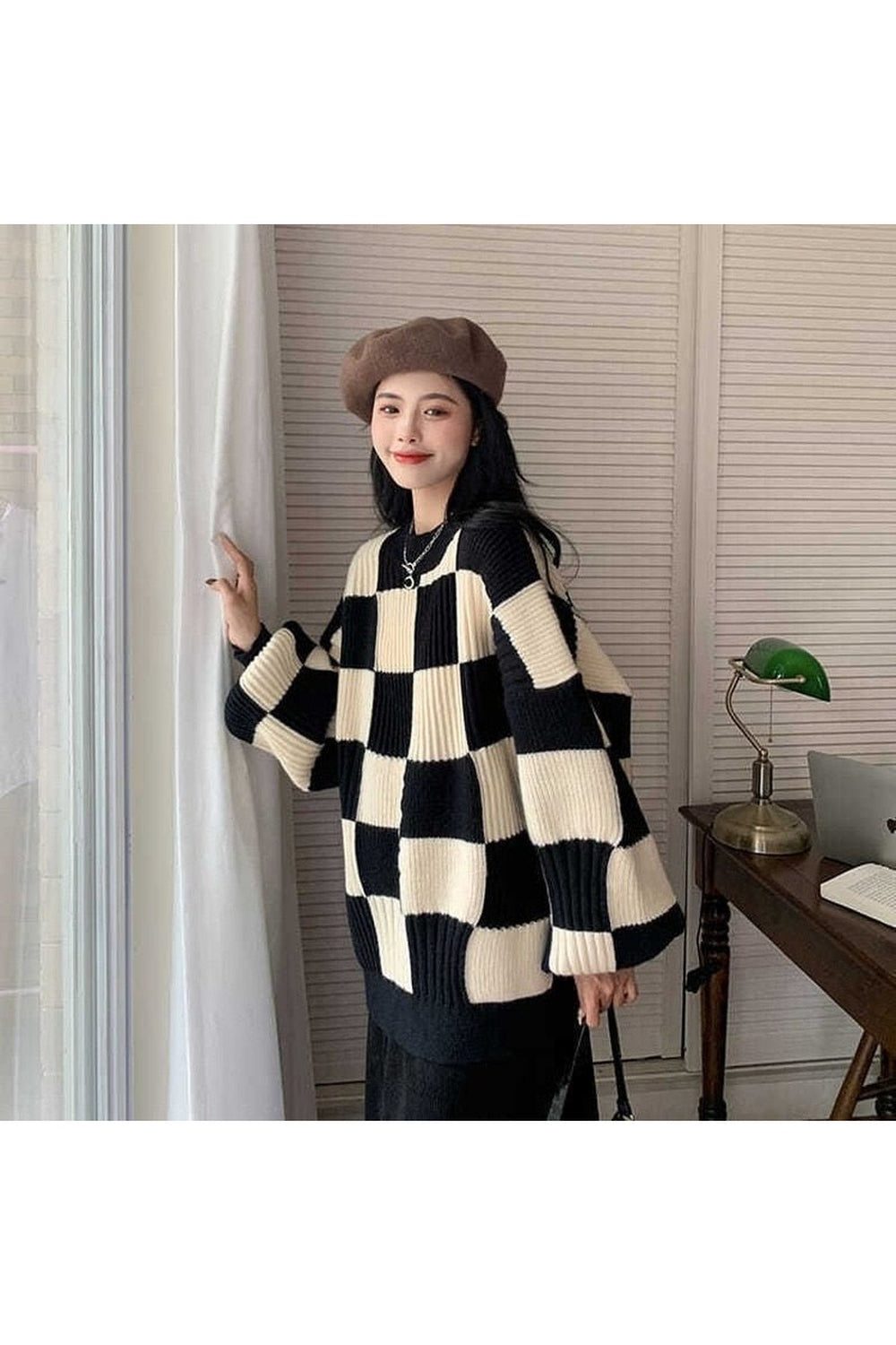 Y2k Checkerboard Oversize Sweater
