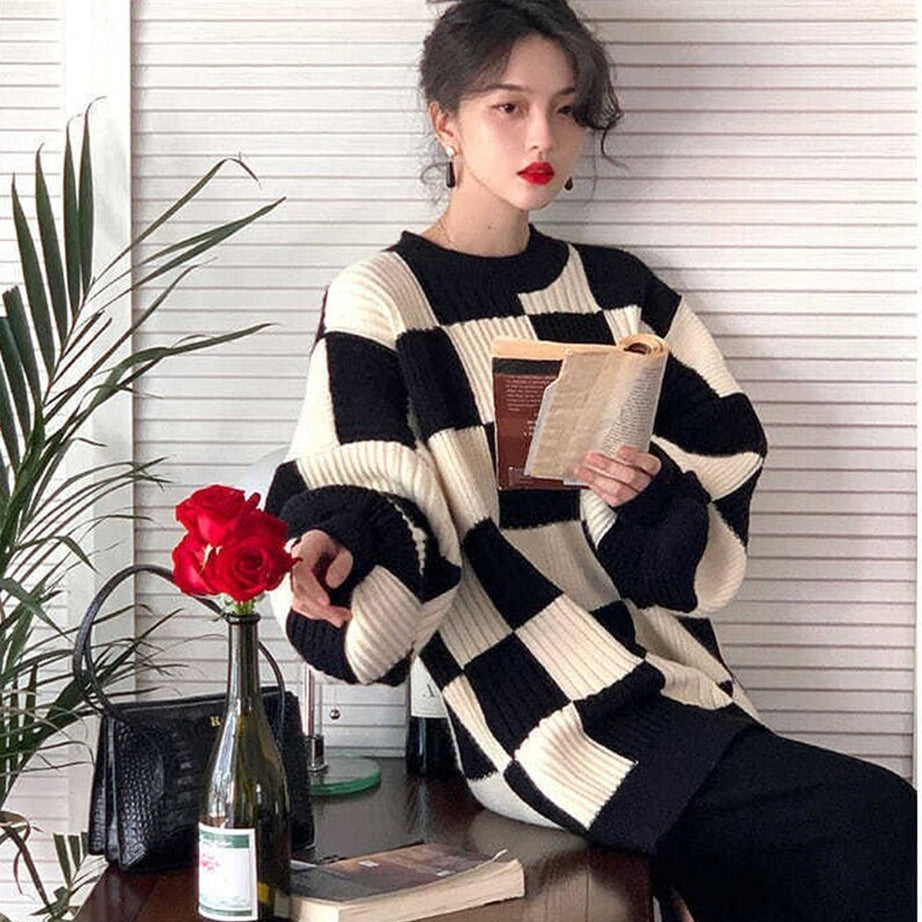 Y2k Checkerboard Oversize Sweater