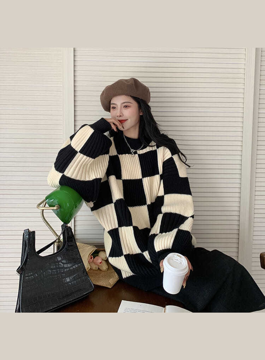 Y2k Checkerboard Oversize Sweater