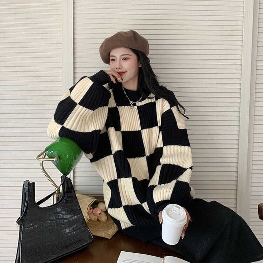 Y2k Checkerboard Oversize Sweater