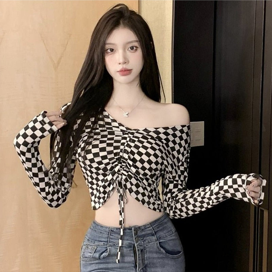 Y2k Checkered Off The Shoulder Crop Top