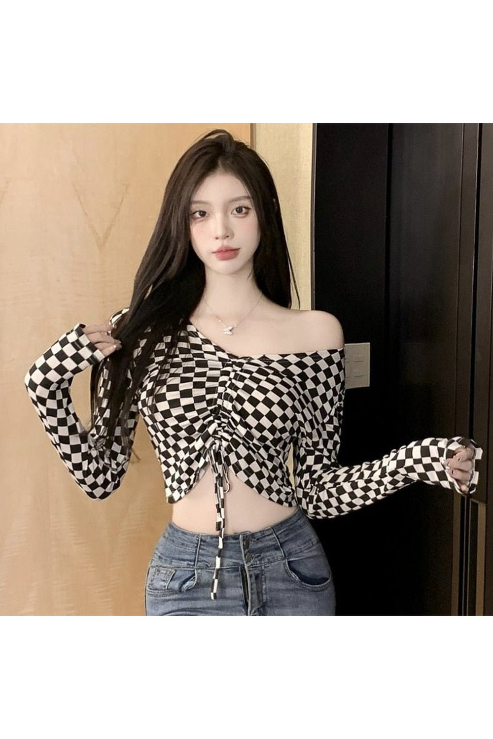 Y2k Checkered Off The Shoulder Crop Top