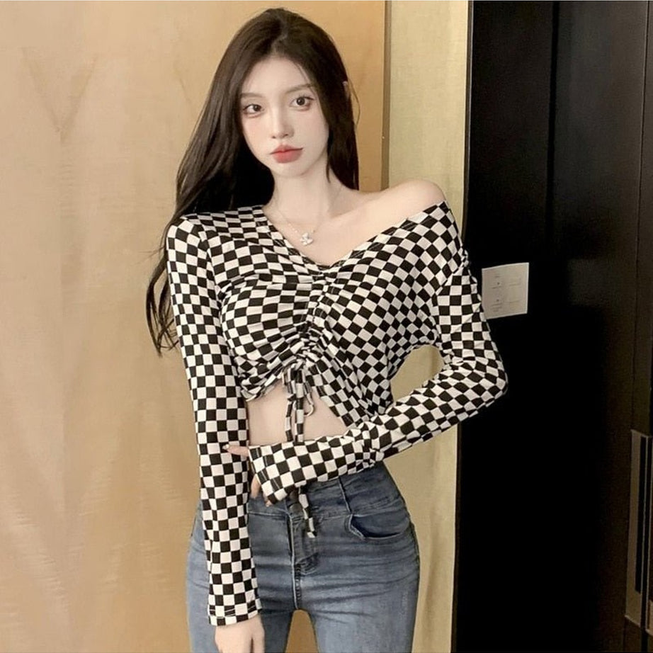 Y2k Checkered Off The Shoulder Crop Top