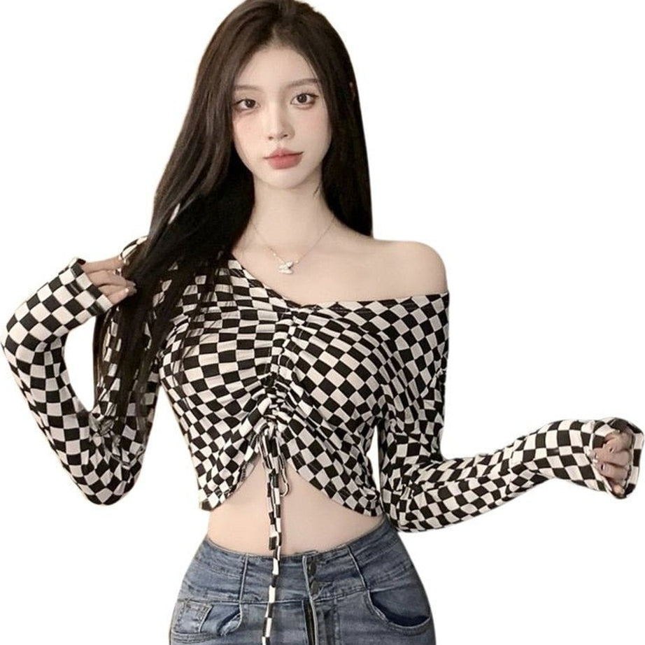 Y2k Checkered Off The Shoulder Crop Top