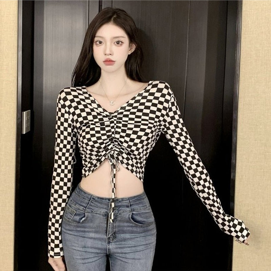 Y2k Checkered Off The Shoulder Crop Top