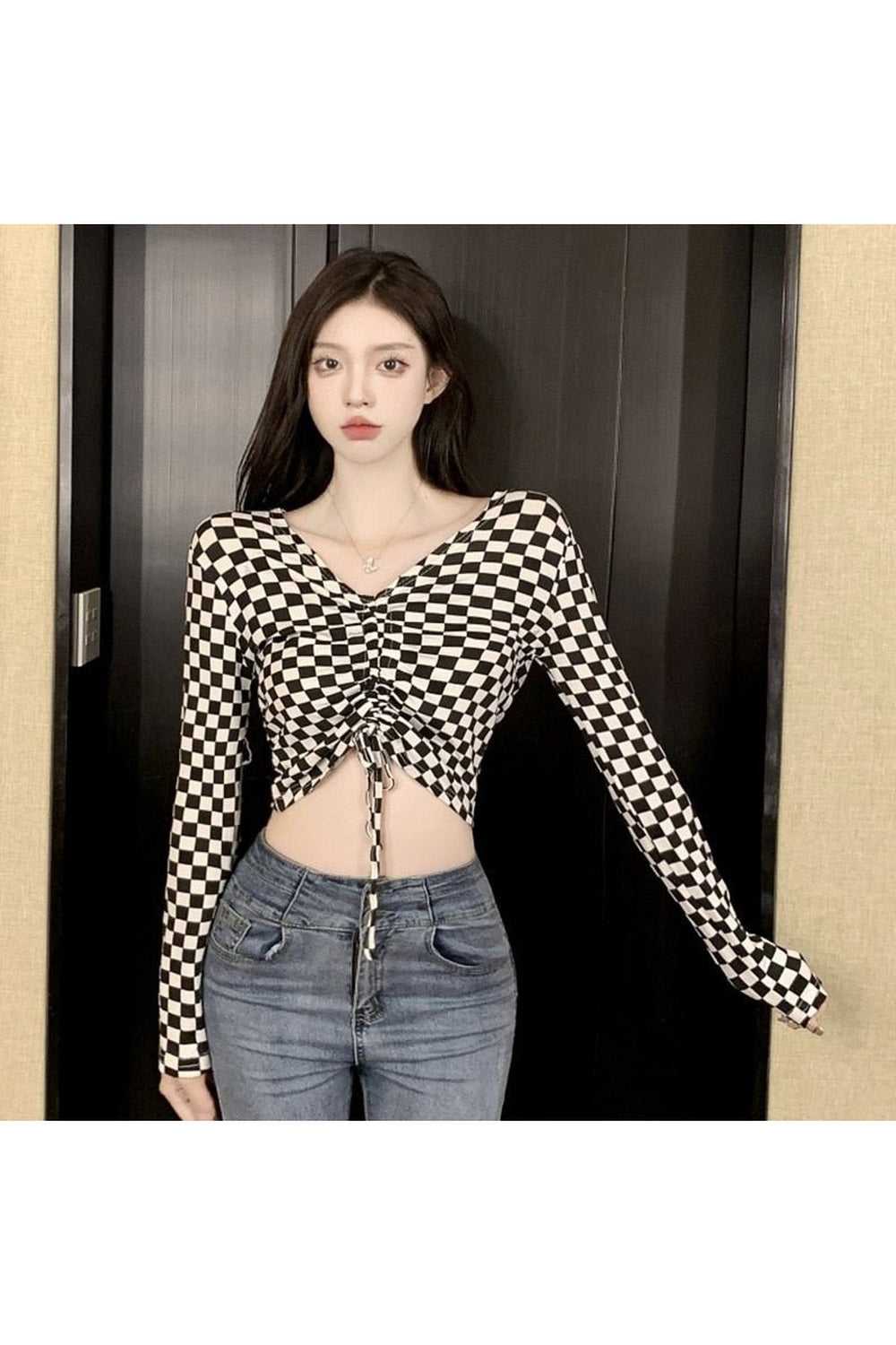 Y2k Checkered Off The Shoulder Crop Top