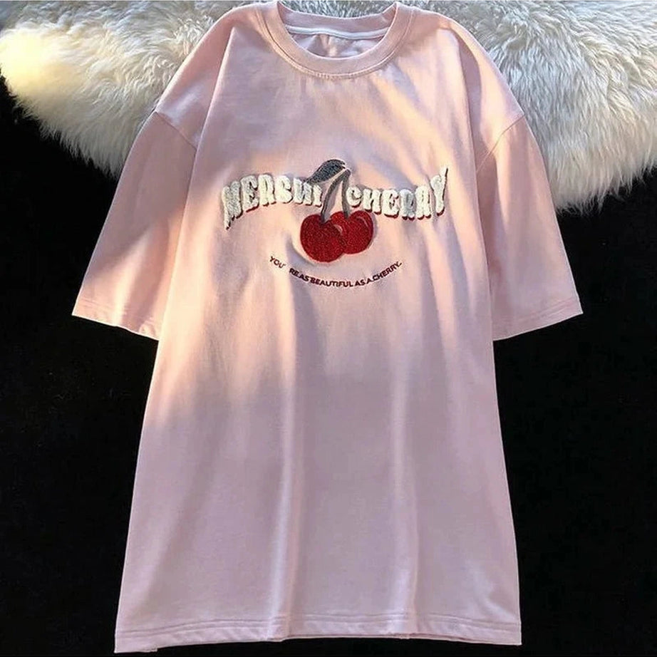 Y2k Cherry Embroidery Pink Top