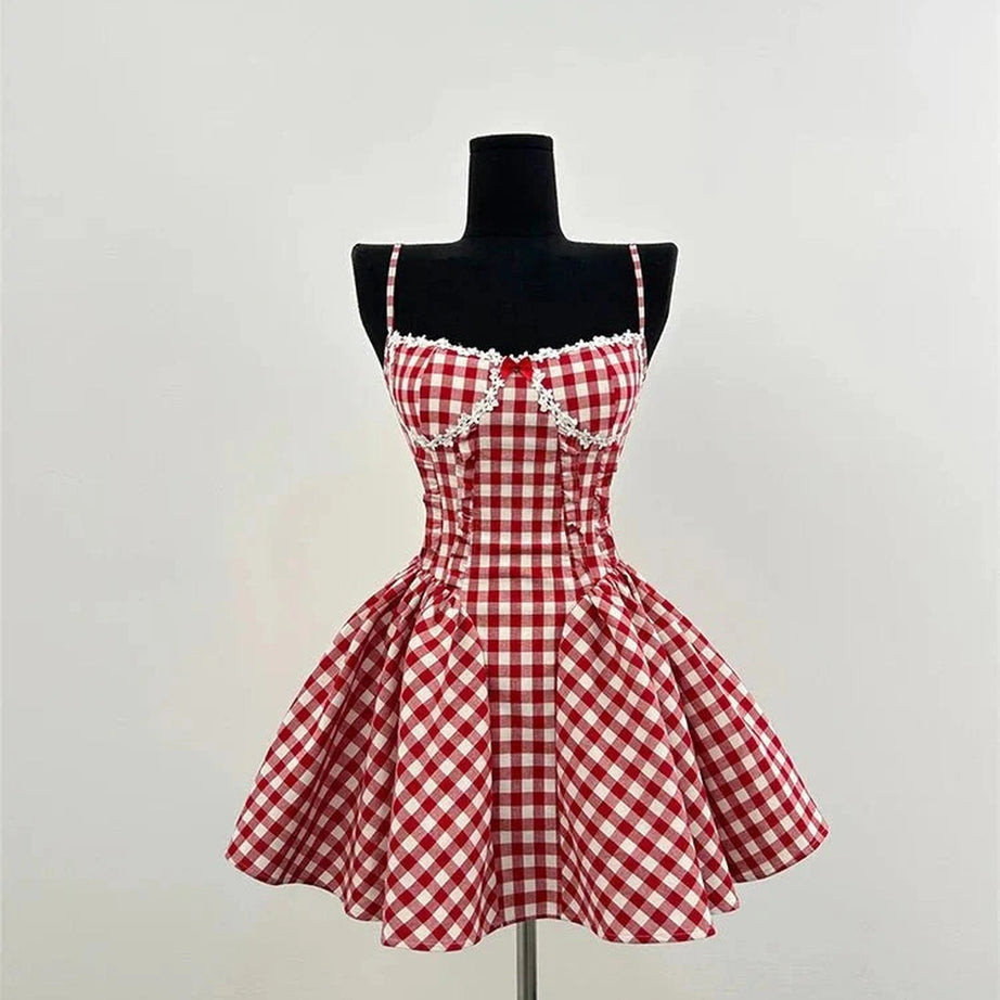 Y2k Cherry Gingham Sweetheart Dress