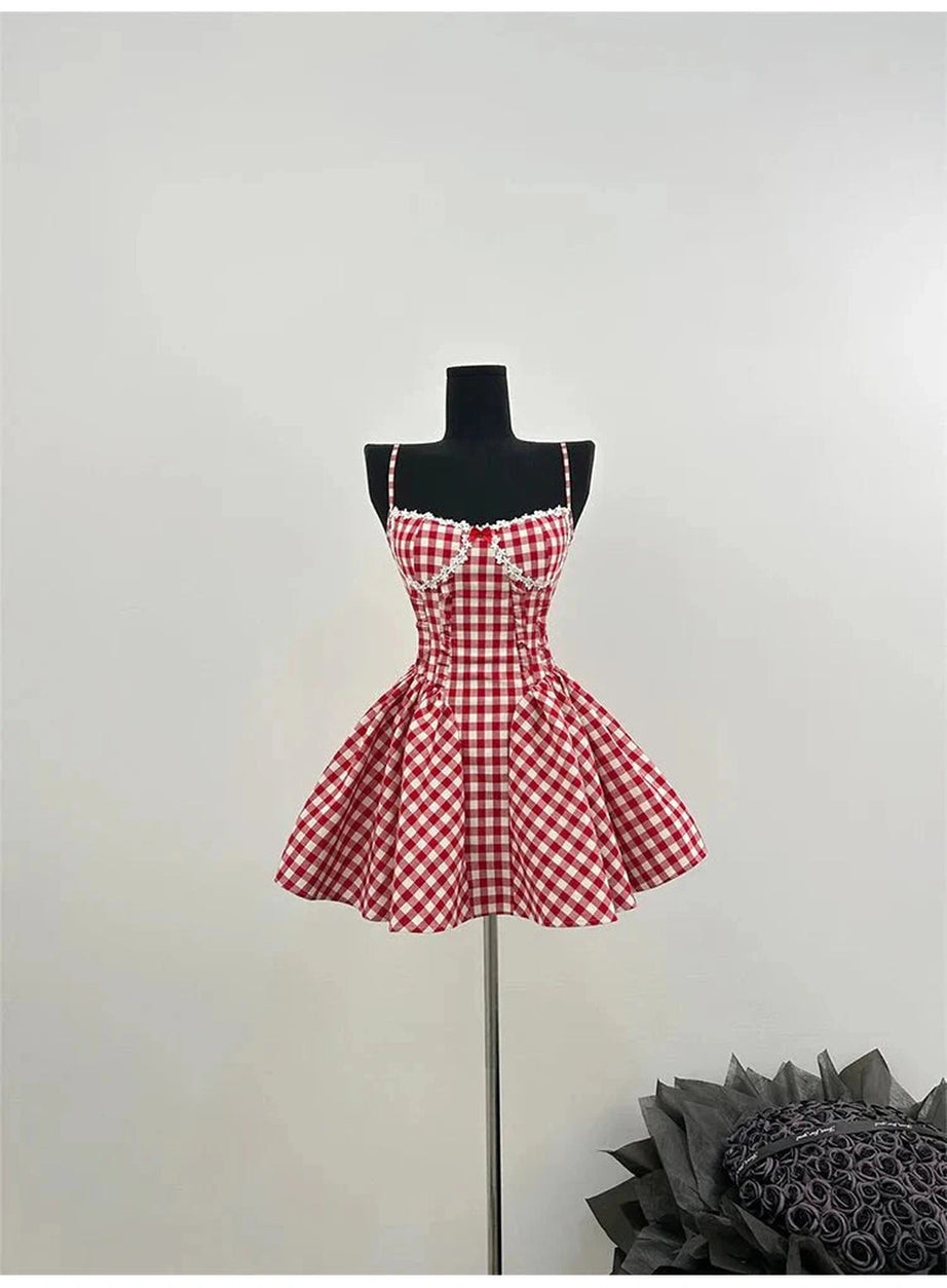 Y2k Cherry Gingham Sweetheart Dress