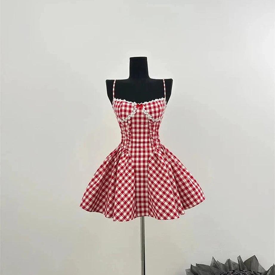 Y2k Cherry Gingham Sweetheart Dress