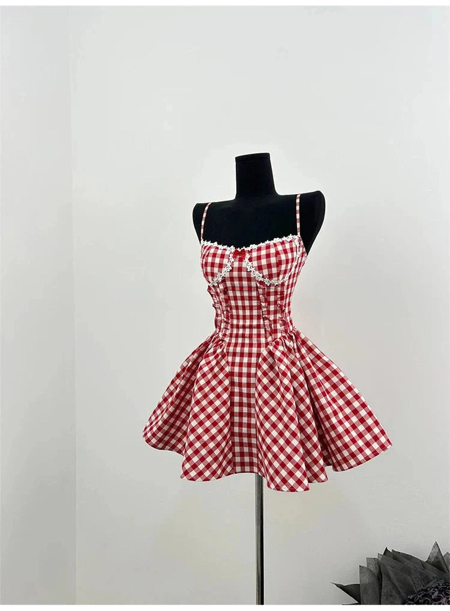 Y2k Cherry Gingham Sweetheart Dress