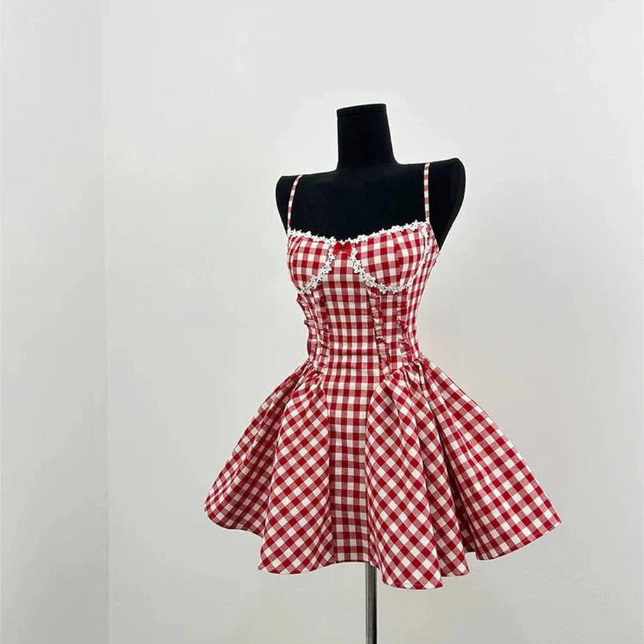 Y2k Cherry Gingham Sweetheart Dress