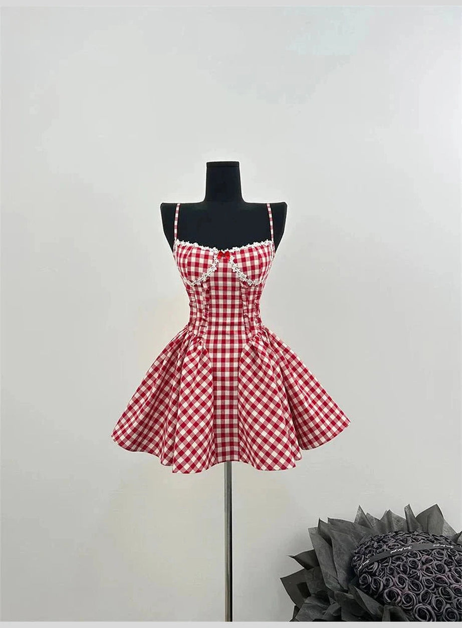 Y2k Cherry Gingham Sweetheart Dress