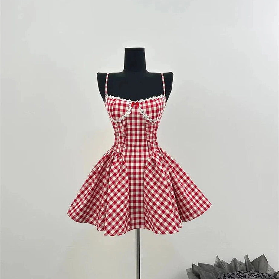 Y2k Cherry Gingham Sweetheart Dress