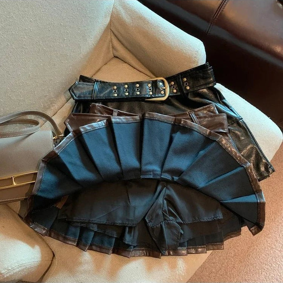 Y2k Coffee Leather Pleated Skirt