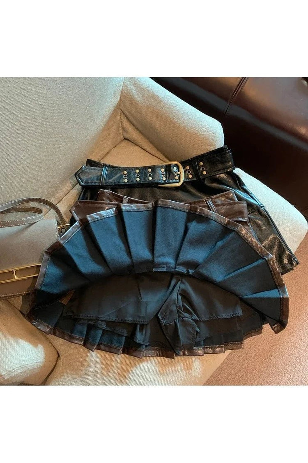 Y2k Coffee Leather Pleated Skirt