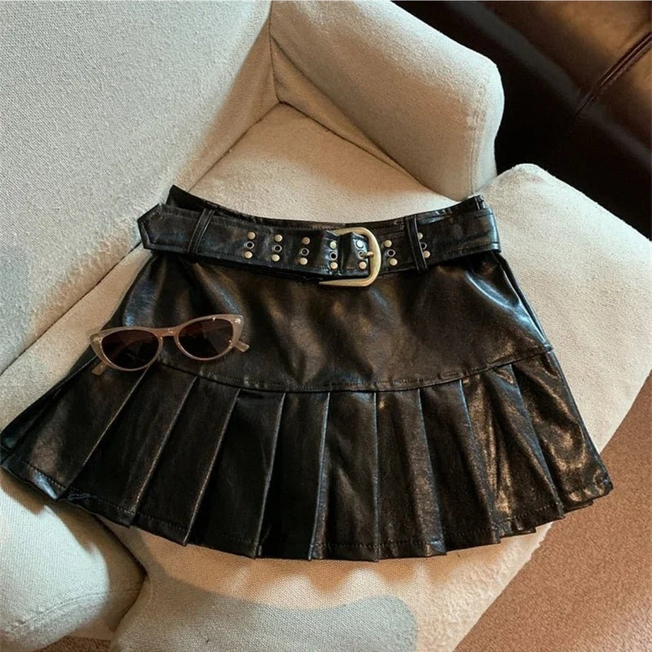 Y2k Coffee Leather Pleated Skirt