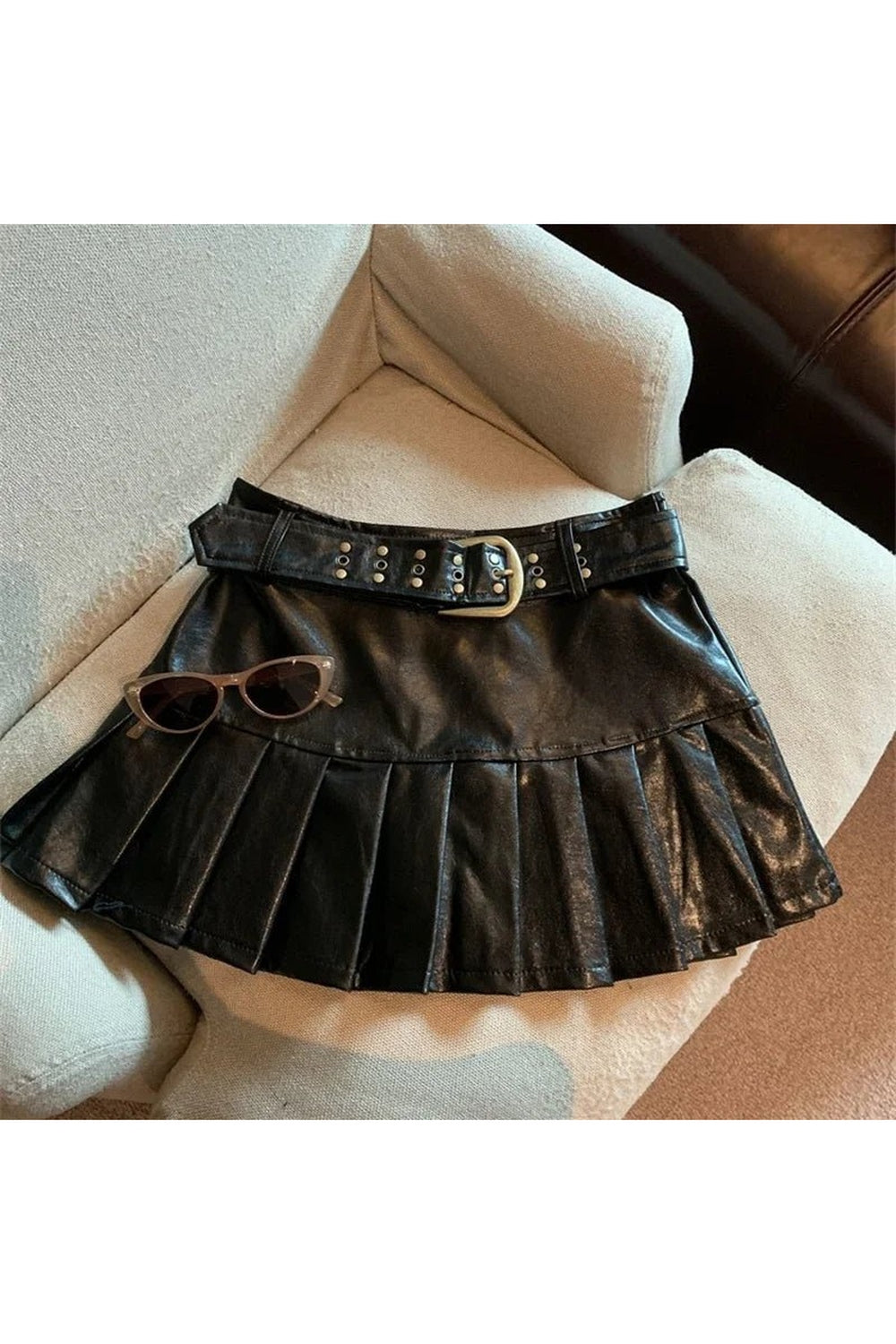 Y2k Coffee Leather Pleated Skirt