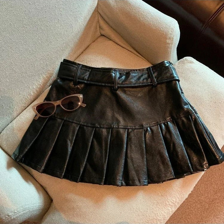 Y2k Coffee Leather Pleated Skirt