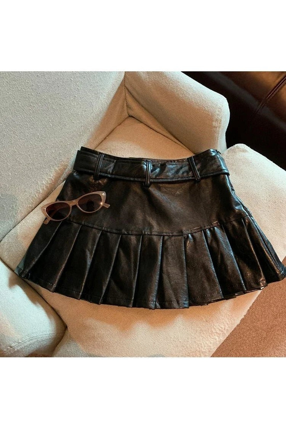 Y2k Coffee Leather Pleated Skirt