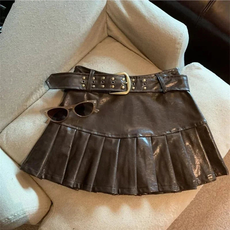 Y2k Coffee Leather Pleated Skirt