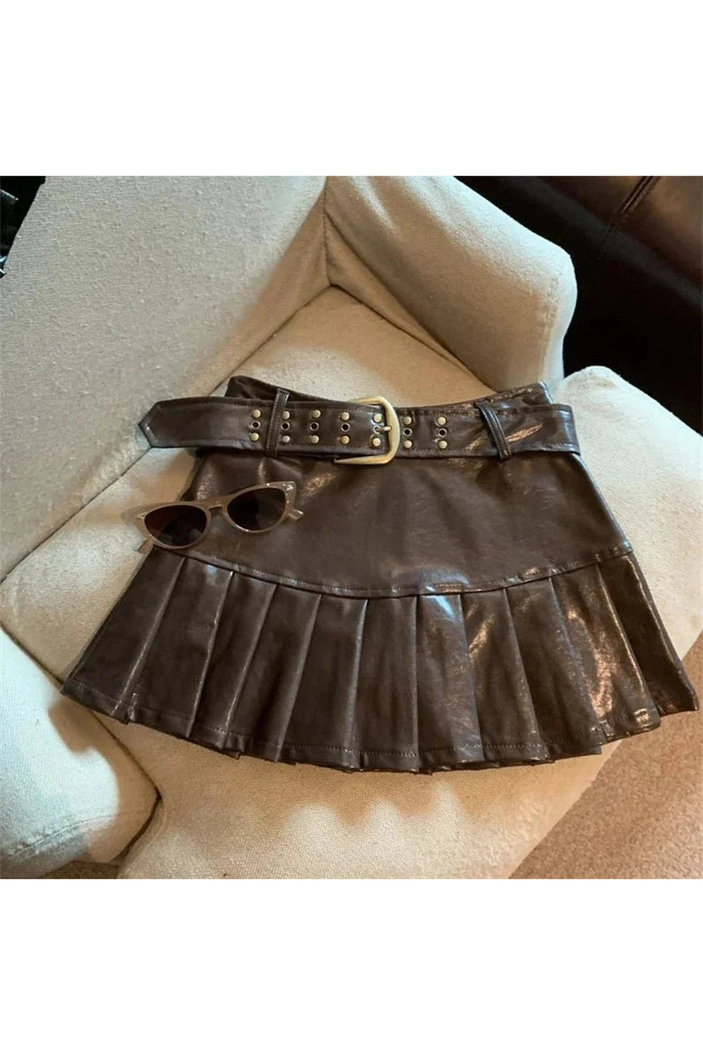 Y2k Coffee Leather Pleated Skirt