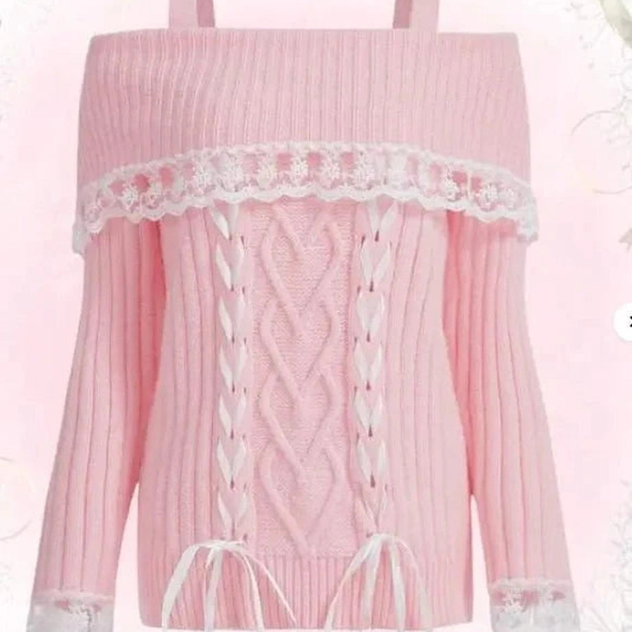 Y2k Cold Shoulder Lace Knit Sweater